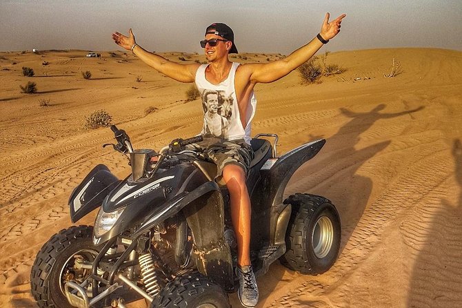 Dubai Half Day Desert Safari Tour With Quad Bike, Camel Ride & BBQ Dinner - Sandboarding on Dunes