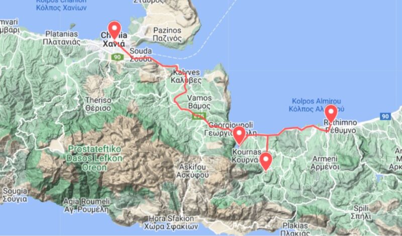From Elounda: Chania - Rethymno - Argiroupolis - Kournas - Discovering Lake Kournas