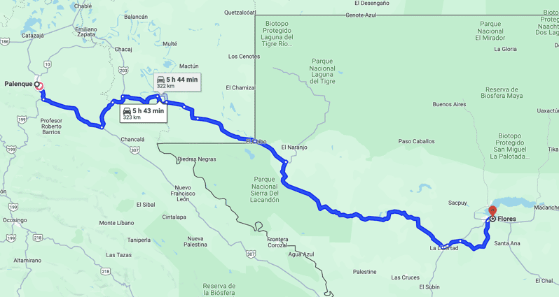 From Flores Guatemala: Transfer to Palenque, Chiapas, Mexico - Departure and Arrival