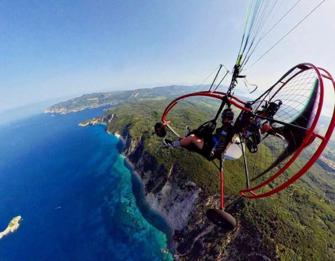 From Parelia: Paramotor Flight Over Corfus Coast - Preparing for Takeoff and Landing