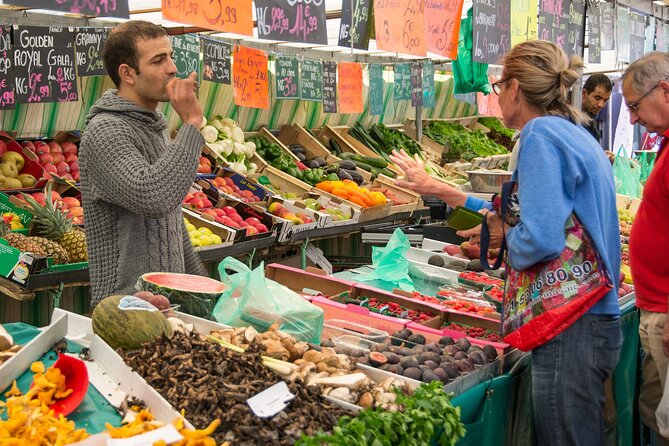 Paris Aligre Market Walking Tour With Chocolate and Cheese Tasting - Outdoor Produce Section