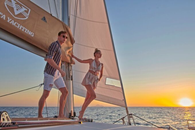 Santorini Gold Catamaran Cruise With Snorkel, BBQ & Open Bar - Indulge in a Delicious BBQ