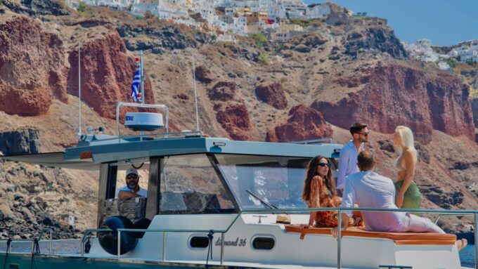 Santorini: Private Diamond 36 Motor Yacht Caldera Cruise - Onboard Meal and Greek Delicacies